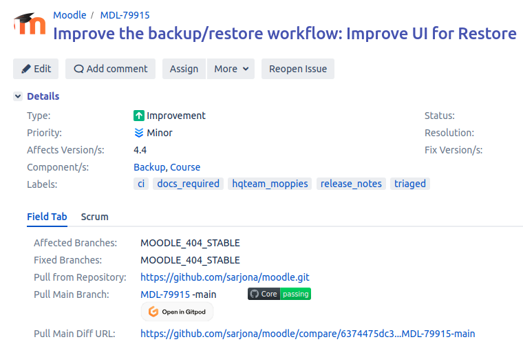 Gitpod integration with Moodle tracker